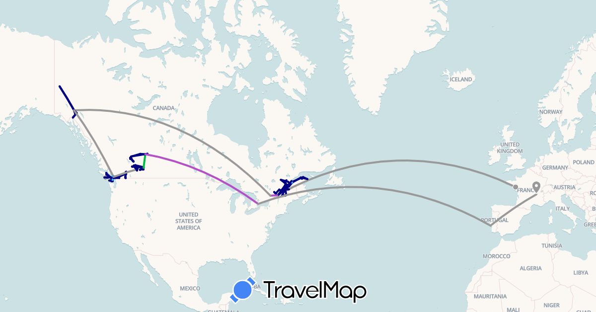 TravelMap itinerary: driving, bus, plane, cycling, train, boat in Canada, France, Portugal, United States (Europe, North America)